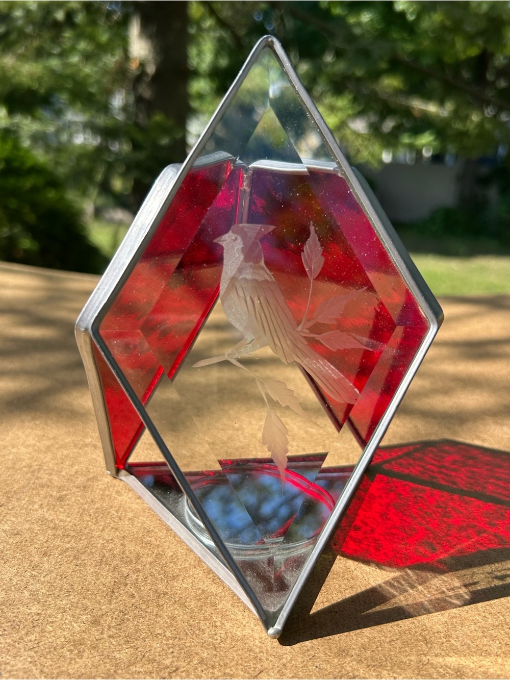 Vintage Candle Holder Red Etched Glass Cardinal Bird Suncatcher Tealight